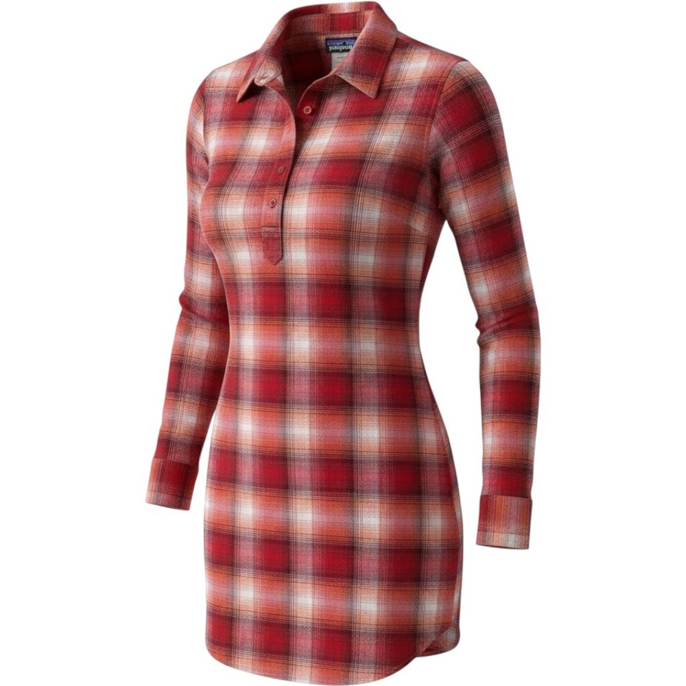 Patagonia Womens Red Orange Plaid Flannel Button Up Tunic Dress Size 8